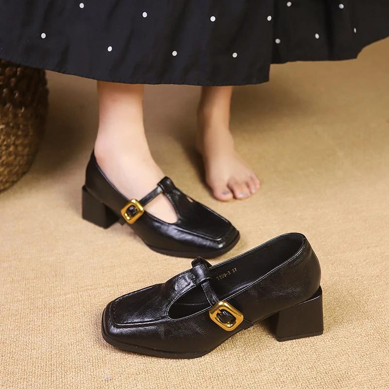 Fashion Brand Design T Strap Leather Shoes Women's French Square Toe Mary Jane Shoes Retro Brown Mid Heels Oxford Shoes Women's Pumps