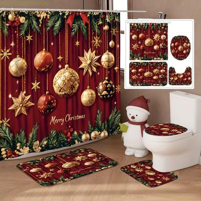 1/4pcs Merry Christmas Winter Decorative Ball Holly Luxury Red Shower Curtain Set with Shower Curtain and Rugs Machine Washabl