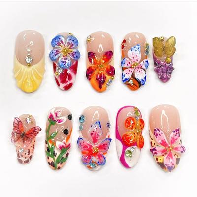 24 Pieces Tropical Flower 3D Wearing Nail Piece Three-dimensional Point Drill Butterfly French Nail Piece Hot-selling Color Fake Nail Manicure