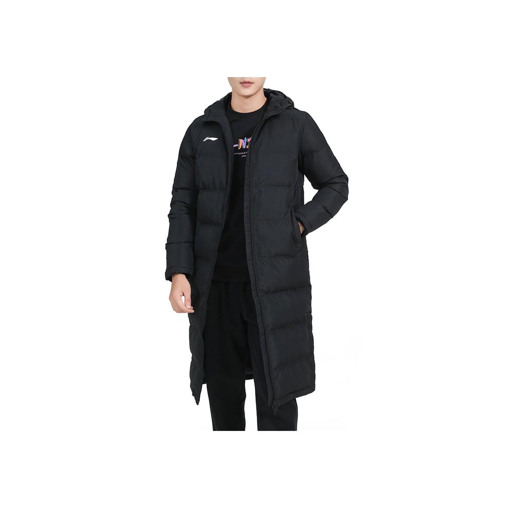 Li Ning Side Split Warm Solid Color Long Hooded Cotton Coat Men Coats Black AFMT025-1