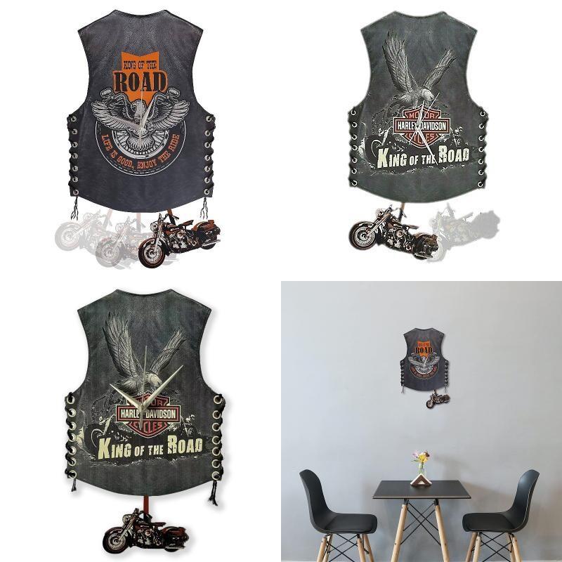 Vest Motorcycle Wooden Wall Clock Pendulum Swing Clock Cafe Decor Home