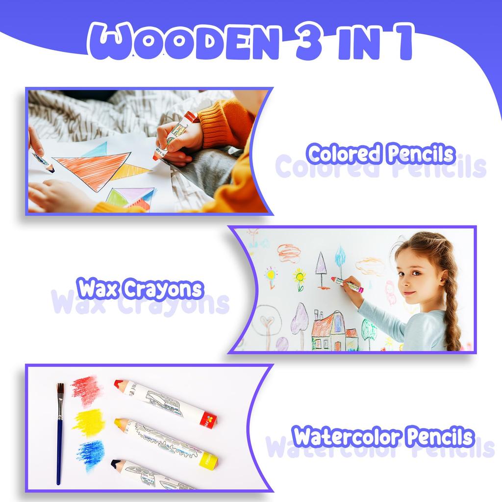 nsxsu Wooden 3 in 1 Jumbo Crayons for Toddlers Kids Thick Washable Bath Crayons Water Soluble Thick Colored Pencils Thick Triangle Colored Pencils