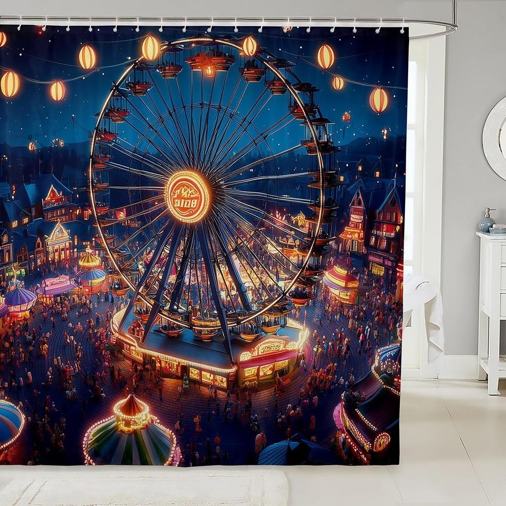 Cartoon Circus Bathroom Curtains Happy Holiday Shower Curtain Sets for Kids Boys Girls Funny Ferris Wheel Shower Curtain Funny