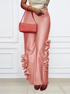 High Waist Pants for Women Wide Leg Ladies Shiny Side Ruffles Office Long Trousers Evening Cocktail Event Autumn New Bottoms