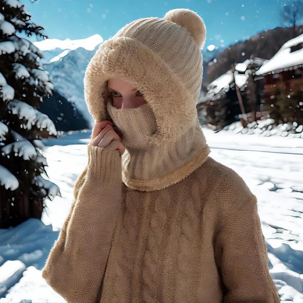Damen Strickmütze mit Schal und Maske in einem, winddichte Fleece-Wollmütze zum Radfahren und für kaltes Wetter