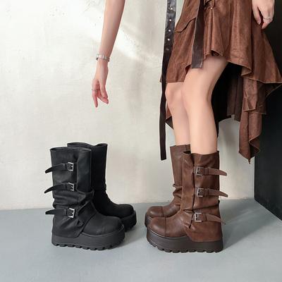 Small Man Height Increase Thick-soled Medium Boots Autumn and Winter Western Cowboy Pile Wasteland Wind Knight Boots Pant Tube Women's Boots