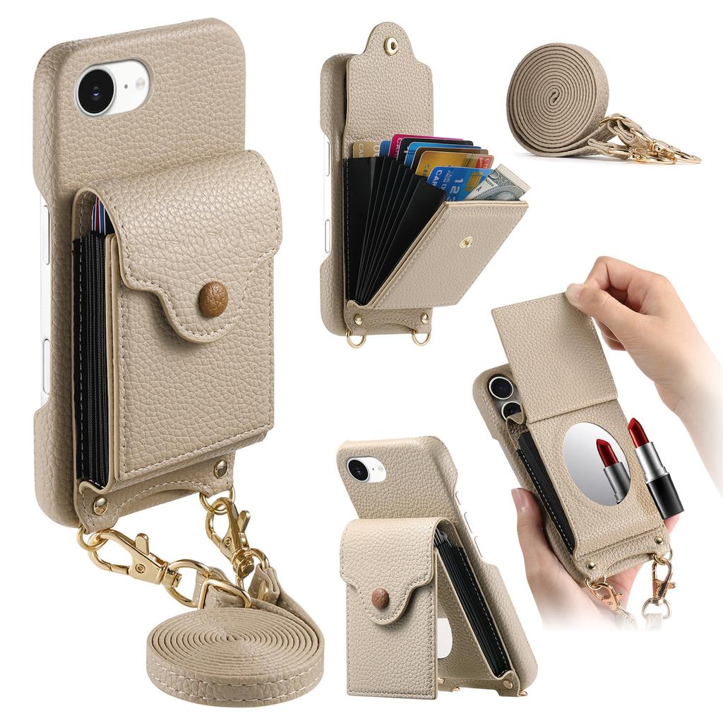 For iPhone 16e Case Mirror Card Holder Litchi Texture Leather Phone Back Cover with Long Strap