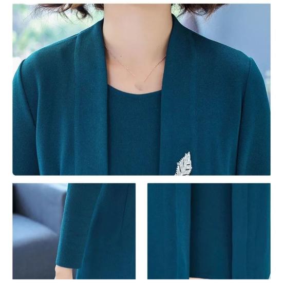 Abito da donna, abito primavera autunno elegante tinta unita, donna di mezza età, cardigan lungo aperto sul davanti, kit abito senza maniche con scollo a O