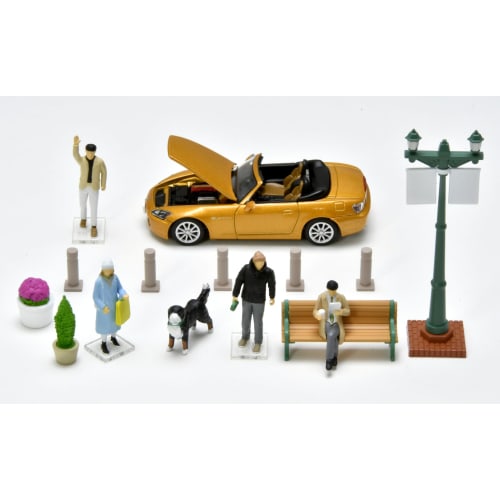 TOMYTEC DioColle 64 #CarSnap 22a Urban Street Corner 2 ABS Resin/PVC Figure and Accessories (Painted, Partially Assembled) + Die-Cast Miniature Car Se