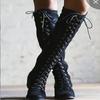 Elegant Womens Over The Knee Lace Up Bandage Thigh High Combat Low Heel Boots Flat Shoes For All-day Comfort