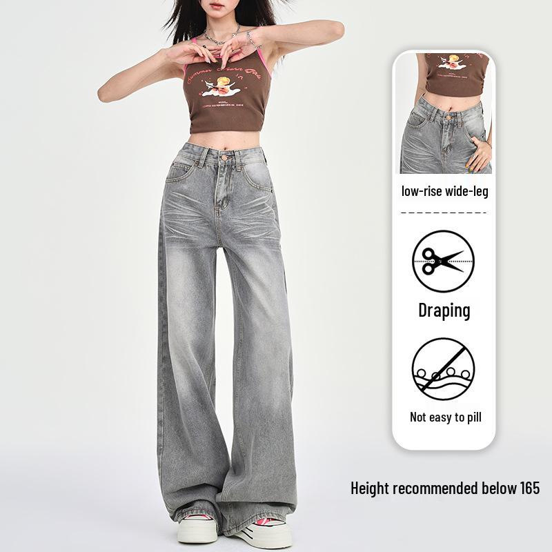 Women s 2025 Spring Gray Low-Rise Wide-Leg Retro Petite Jeans 2XL (129-143 Jin)
