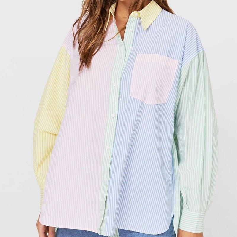 Pinstripe Color Matching Color Contrast Loose Boyfriend Style Shirt Longer in the Rear Long Sleeves Beach Summer New Arrival European and American Hot