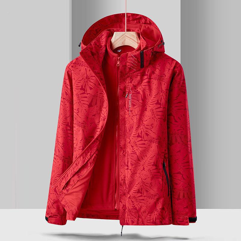 Erkek Çiftin Üçü Bir Arada Akçaağaç Yaprağı Ceket Polar Astar Rüzgar Geçirmez ve Su Geçirmez Dağcılık Takım Elbise İki Parça