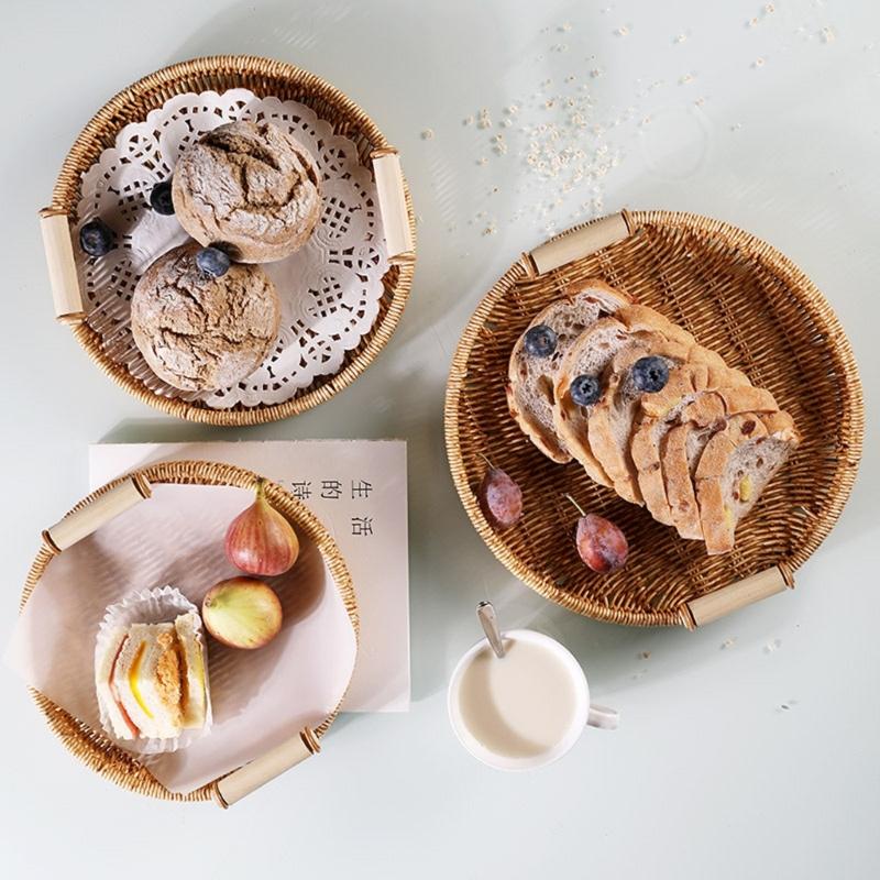 Hand-woven Storage Basket Rattan Tray for Countertop Shelves Fruit Tea Snack Bread Basket with Handle Kitchen Bedroom