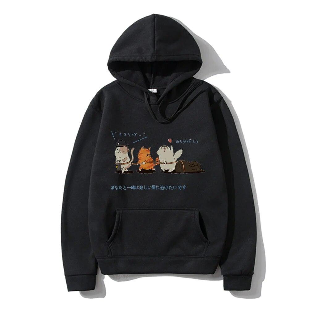 Men Hip Hop Unisex's Hoodies Streetwear Japanese Kanji Harajuku Funny Cat Unisex Hoodies Sweatshirts Autumn Winter Oversized Clothing