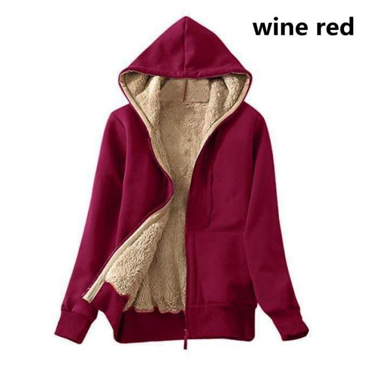 Plus Size Womens Plush Hooded Jacket Long Sleeve Zipper Sweater Coat Tops