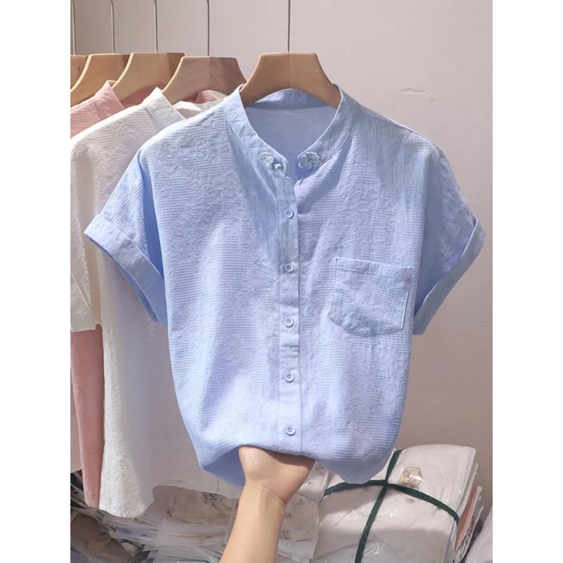 Women's Pink Mandarin Collar Blouse Short Sleeve Casual Loose Fit Button-Down Shirt with Pocket