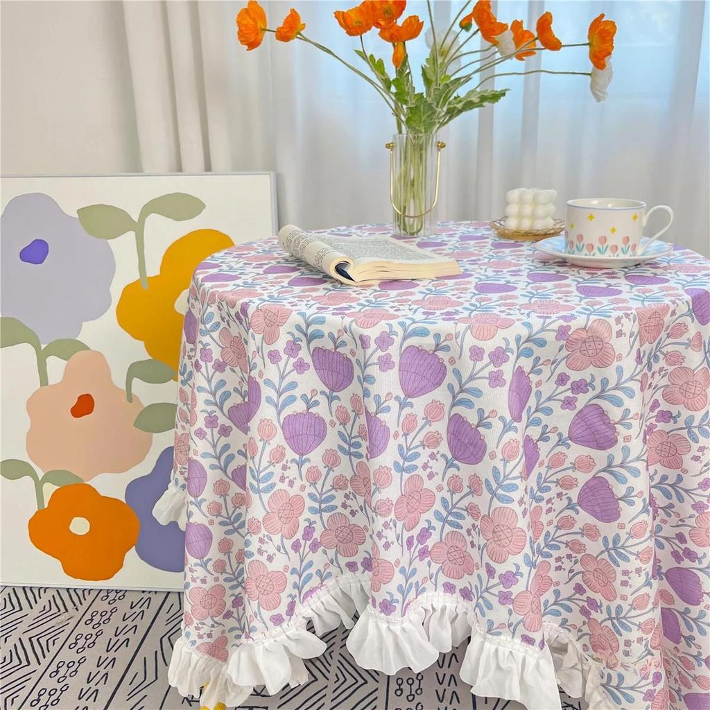 White Pleated Border Printed Tablecloth Flower Pattern Brushed Fabric Table Cover Rural Style Rectangular Dining Table Cloth