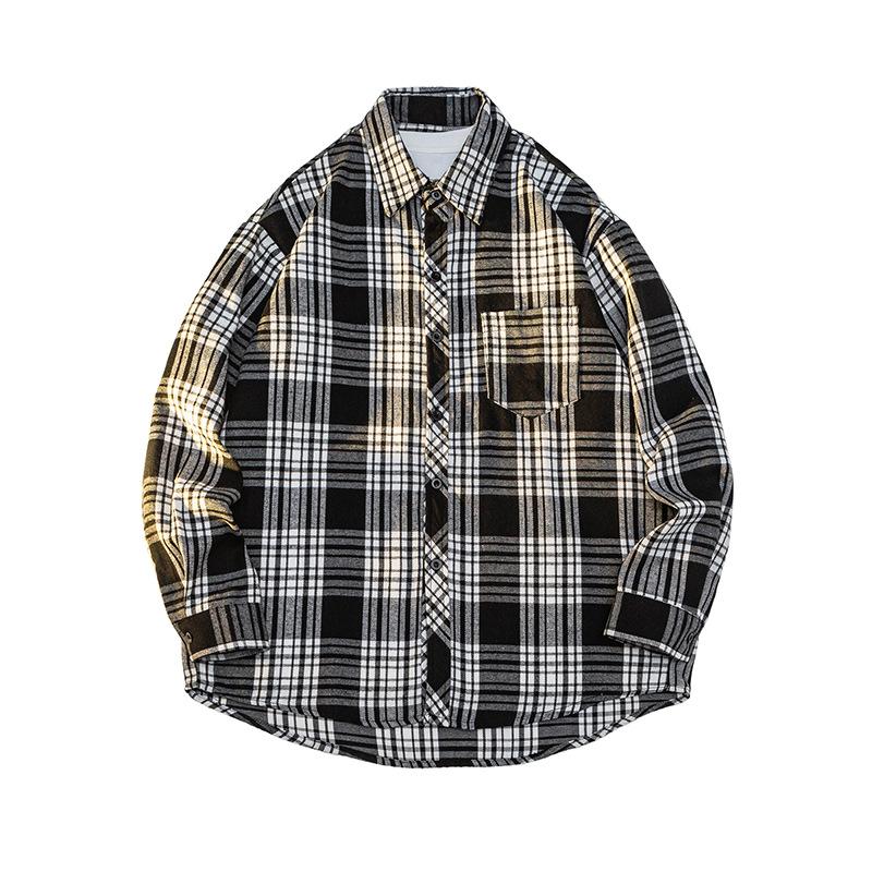 Hong Kong Style Shirt Loose Jacket Men and Women Long Sleeves Falling Shoulder Shirt Versatile Plaid Cardigan Youth