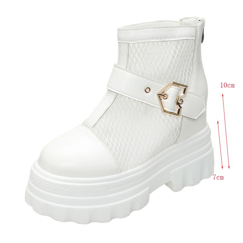 Fashion Pink Lovely Height Increasing Boots Women Breathable Mesh Buckle Zip Decor Summer Boots thick sole chunky platform uniform shoes