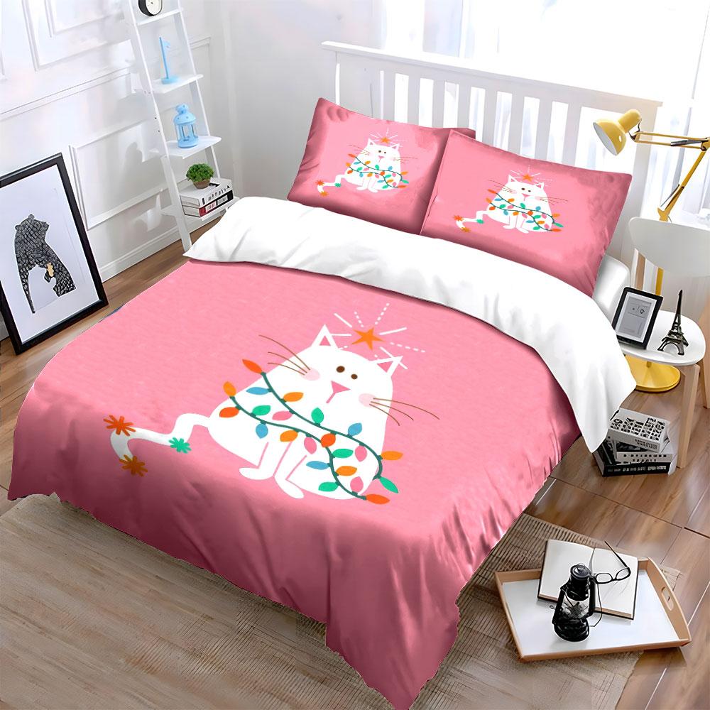 Cartoon Cat Festive Decor Set Soft Comfortable Duvet Cover Bedding Set Included 1*Duvet Cover & 2*Pillowcases, Gift