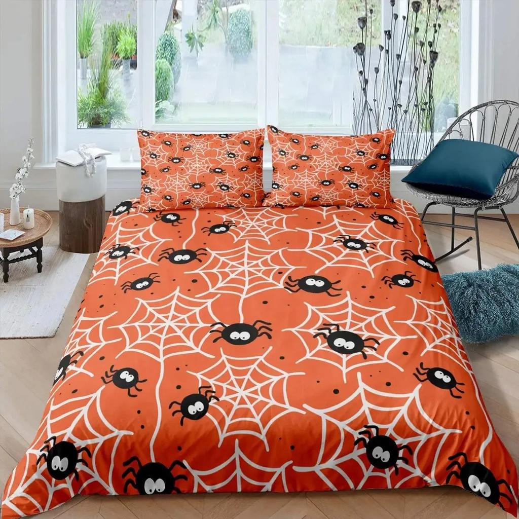 Spider Web Duvet Cover Set Halloween Spider Bedding Sets Boys Girls Black White Comforter Cover Trick or Treat Quilt Cover Set