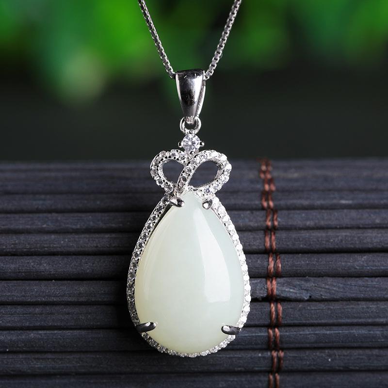

Hetian Jade Teardrop Pendant Necklace, Sterling Silver Crown Inlaid White Jade, Court Style Jewelry Gift for Women 925 Sterling Silver