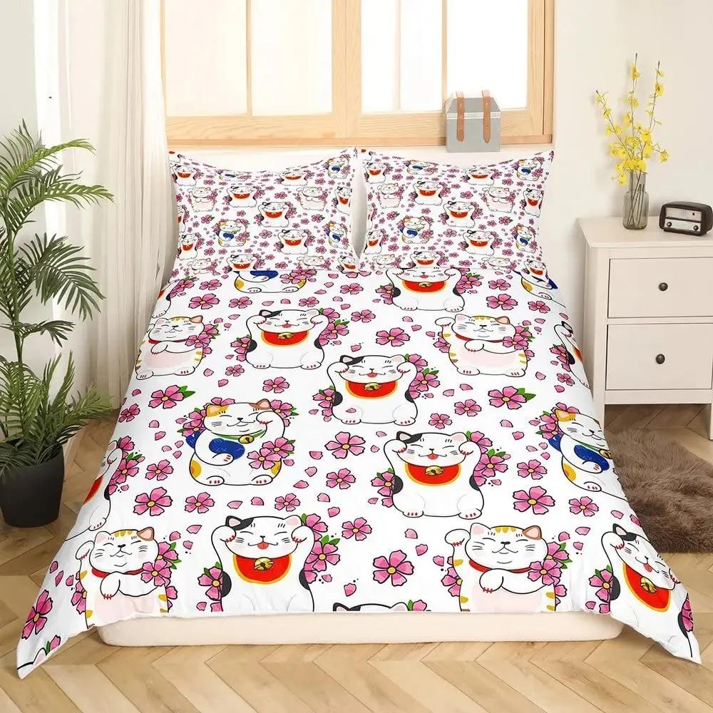 Maneki Duvet Cover Set,Japanese Lucky Cat Duvet Cover Neko Gold Coin Japanese Style Cute Bedding Set Cat Comforter Cover