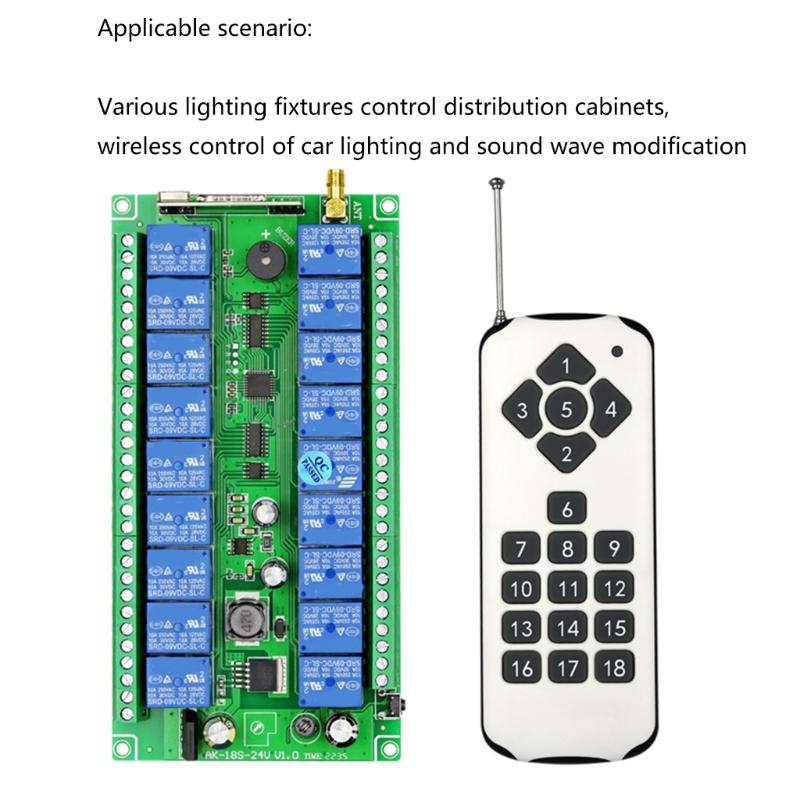 315Mhz/RF433Mhz Wireless Remote Control Switch DC 12V-36V Relay 18CH Receiver Controller and 18Button Transmitter