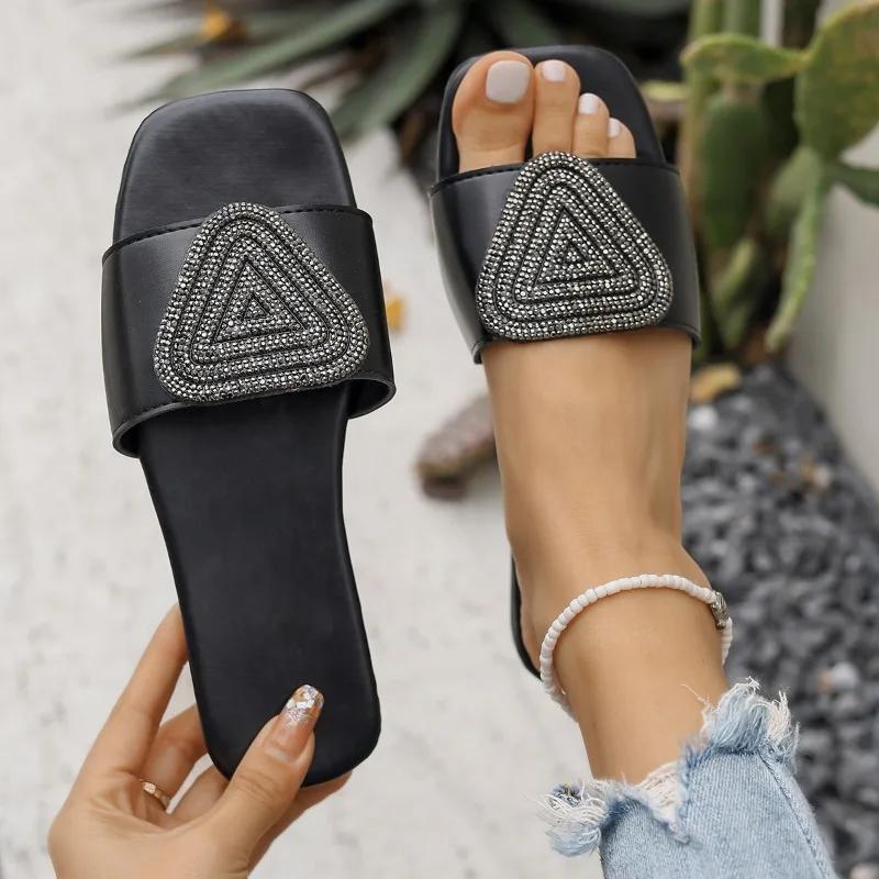 Fashion Women's Flat Shoes Summer New Square Head Shallow Mouth Rhinestone Soft Bottom Slip-resistant Wear-resistant Slippers36-43