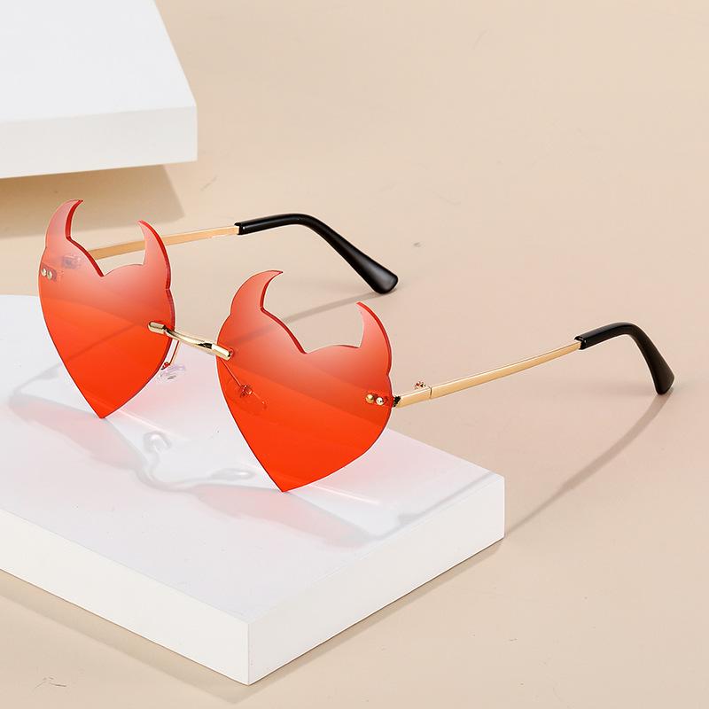 Novel Rimless Devil Ear Heart Shape Sunglasses for Women Men Trendy Creative Party Halloween Cosplay Glasses UV Protection