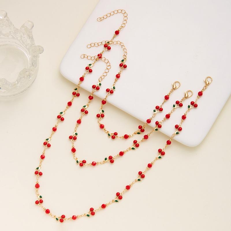 Trendy Red Cherry Pendant Bracelet Set for Women Exquisite Zircon Heart Bracelet Anklet Necklace Wedding Jewelry Party Gift