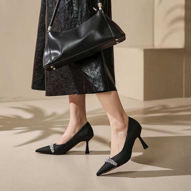 Cow Leather Pointed Toe High Heels Rhinestone Women Pumps