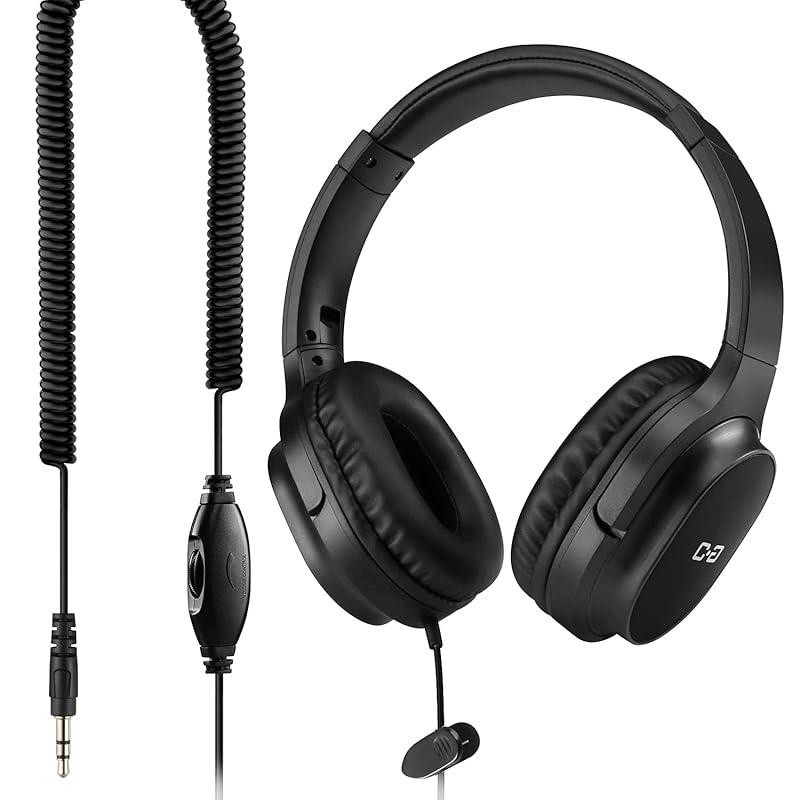 

Extra long cord headphones with volume control for TV and PC, 18ft/ 5.5M extension spring coil cord, universal 3.5mm AUX audio, wired over-ear stereo