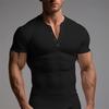 Men's Slim Fit Henley T-shirt: European & American Sports Style, Ribbed, Elastic, Short Sleeve, Solid Color