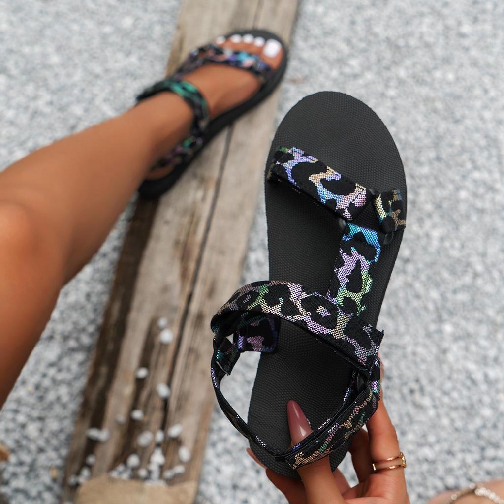 2024 Spring/Summer Plus Size Lightweight Leopard Print Women's Roman Sandals: Casual, Comfortable, Versatile, Flat Outdoor Footwear