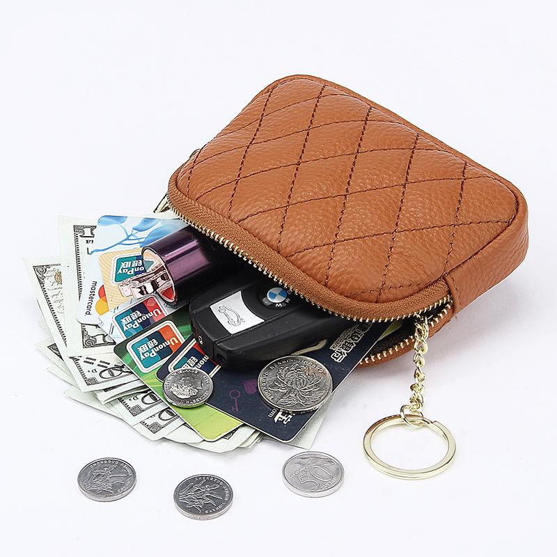 Genuine Leather Diamond Pattern Coin Purse & Keychain Wallet