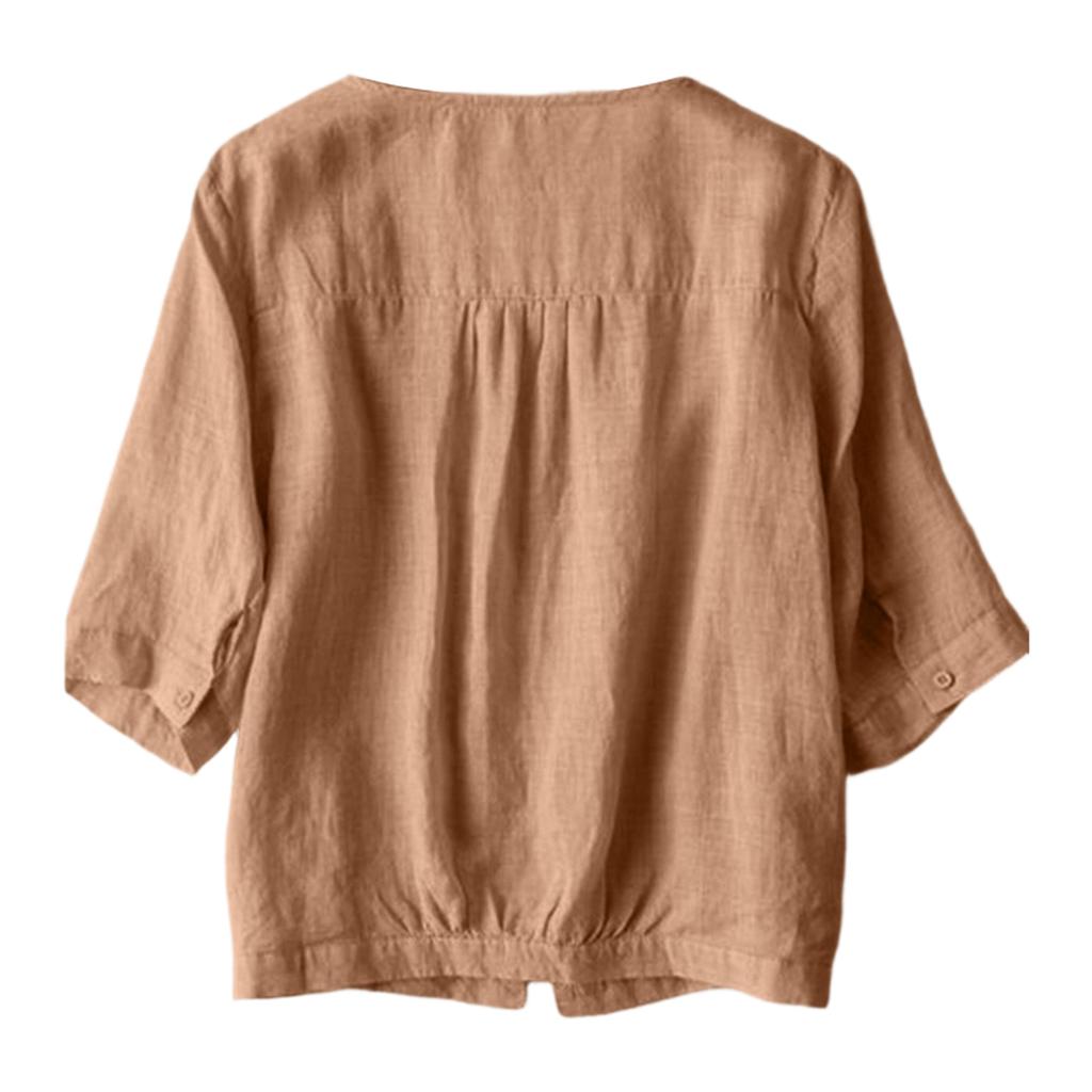 Leichte Retro-Bluse für Damen mit V-Ausschnitt, locker, aus Leinen-Baumwolle, mit Knöpfen