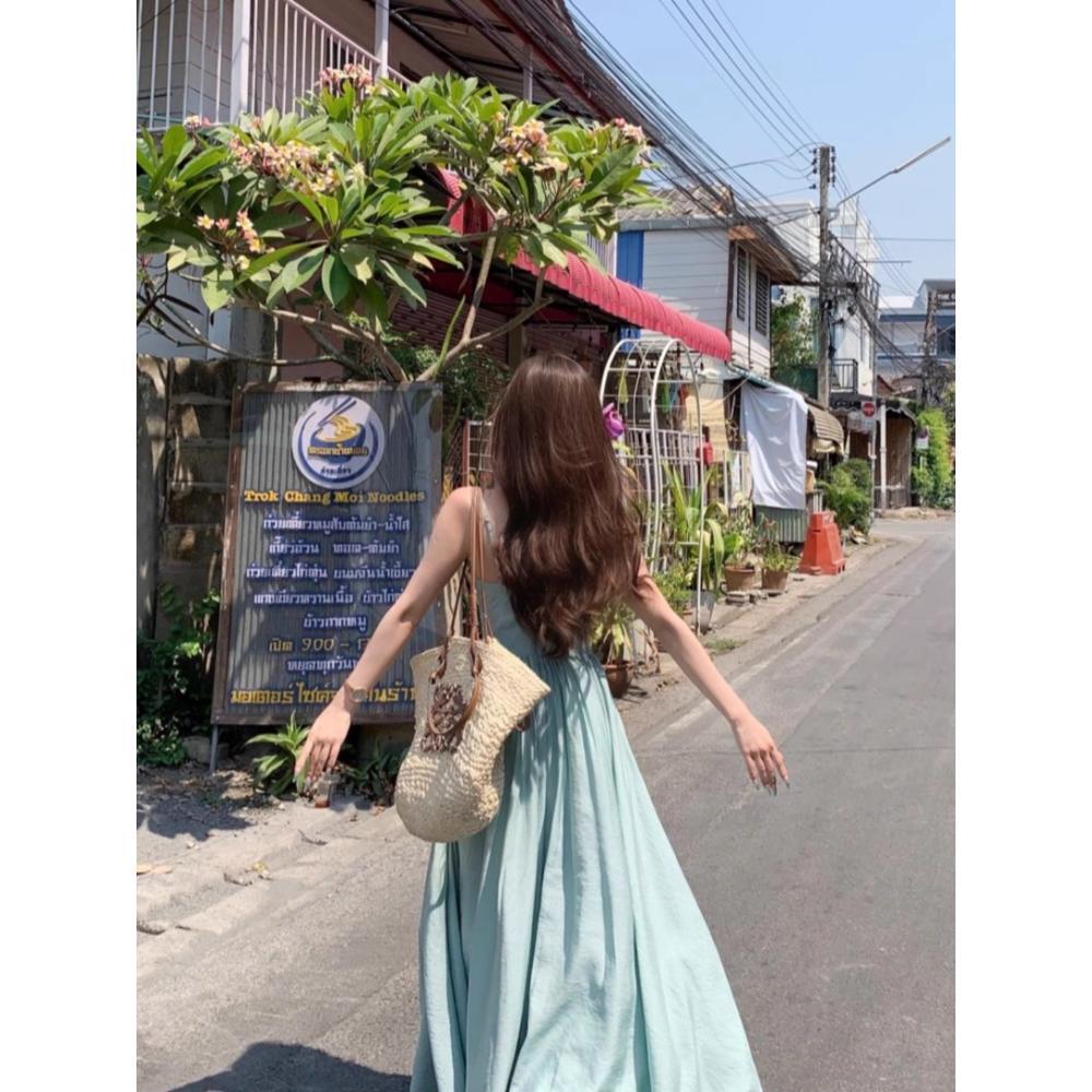 French Super Fairy Pendulum Blue-green Suspender Dress for Women's Summer Waist and Thin Seaside Vacation High-end Long Dress