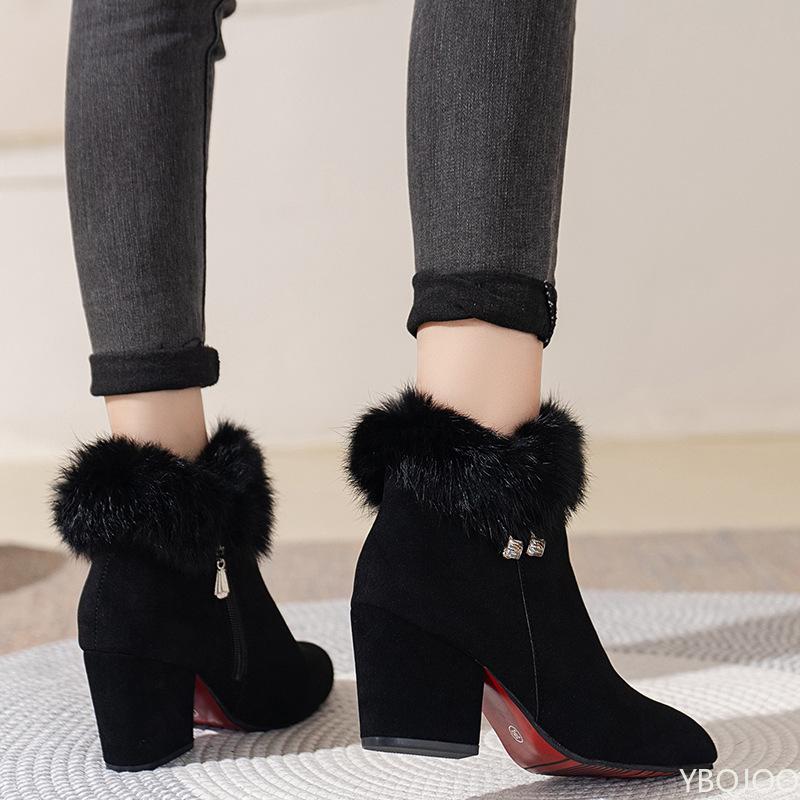 Winter New Thick Women's Cotton Boots Pointed Thick Heels Rhinestones Comfortable Simple Suede High Top Short Boots