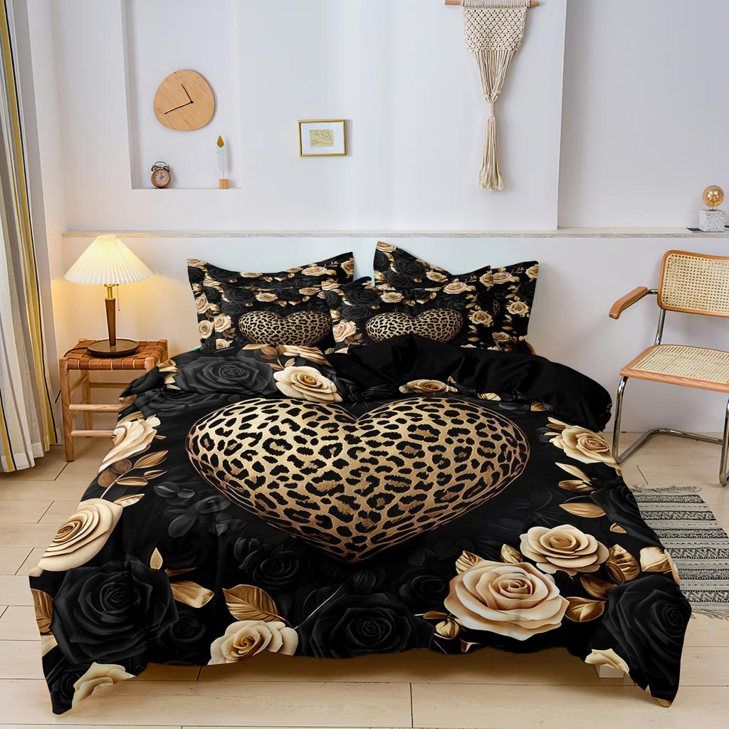 3pcs Valentine'S Day Romantic Luxurious Vintage Leopard Print Heart Rose Duvet Cover Set Pink And Blue Feather Heart Duvet Cover