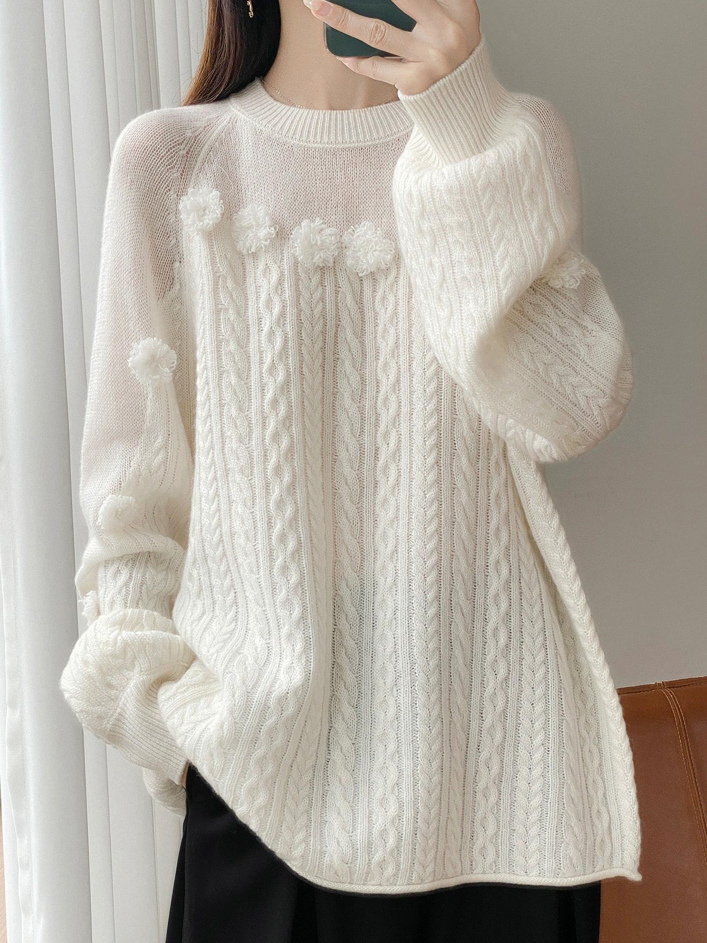 

В язаний гачком вручну светр з 100% чистої вовни жіночий з круглим вирізом, рукавом-ліхтариком, спущеним плечем, пуловер вільного крою, універсальний, з плетеним візерунком скручена квітка One Size(bust 80cm-130cm) білий