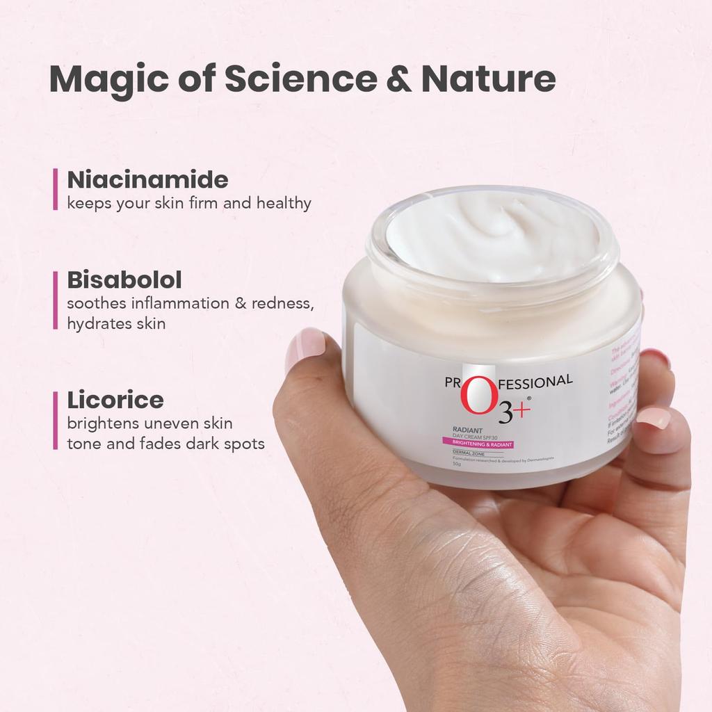 O3+ Radiant Day Cream SPF 30 For Glowing Even Skin Tone Moisturises Protects All Skin Types 50g
