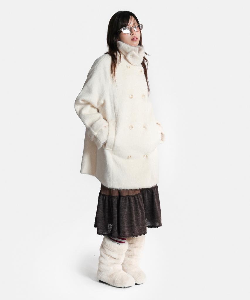 JIDOTEU High Neck Double Fur Coat Ivory