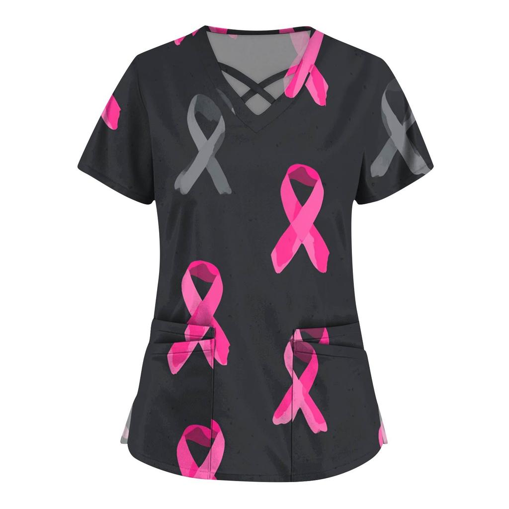 Women's Fashion  V-Neck Short Sleeve Overalls Double Layer Pocket Printed Tops  Apparel