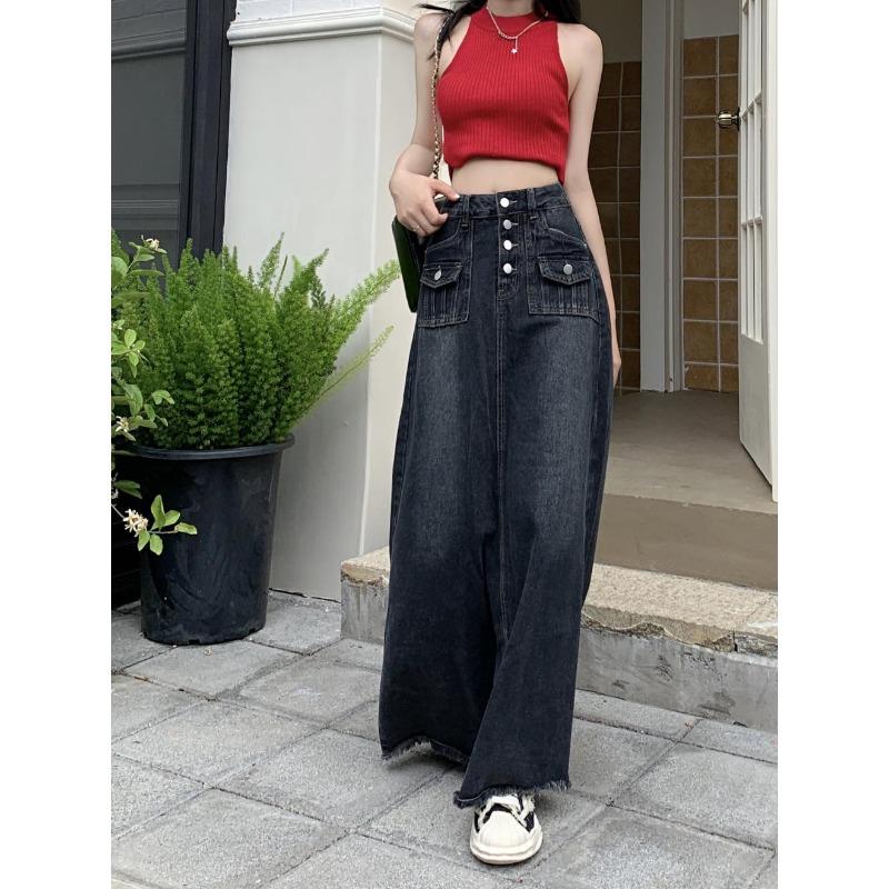 Podzimní a zimní dámská džínová sukně plus size sub medium dlouhá sukně s přezkou a surovým okrajem áčkového střihu