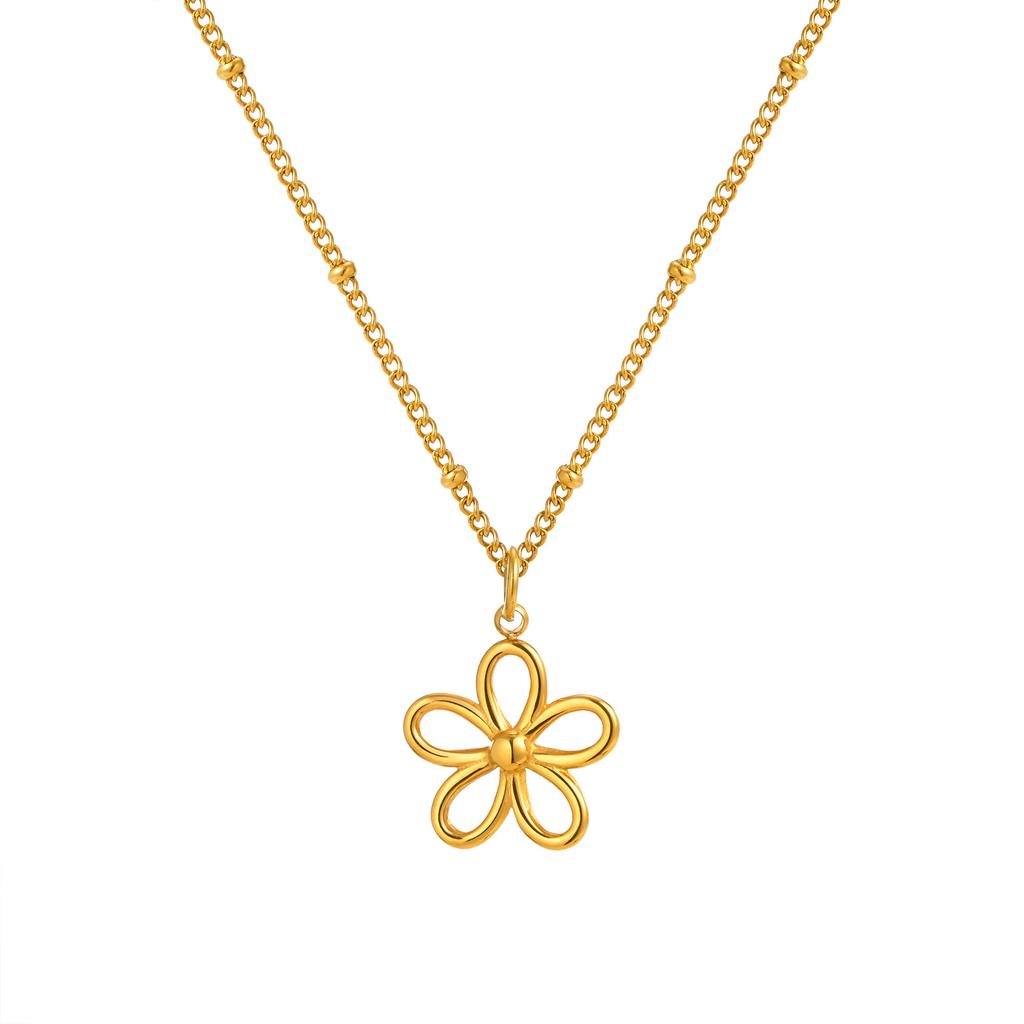 Stainless Steel Bead Chain Hollow Flower Gold Necklace, Elegant Fashion Accessories 1876