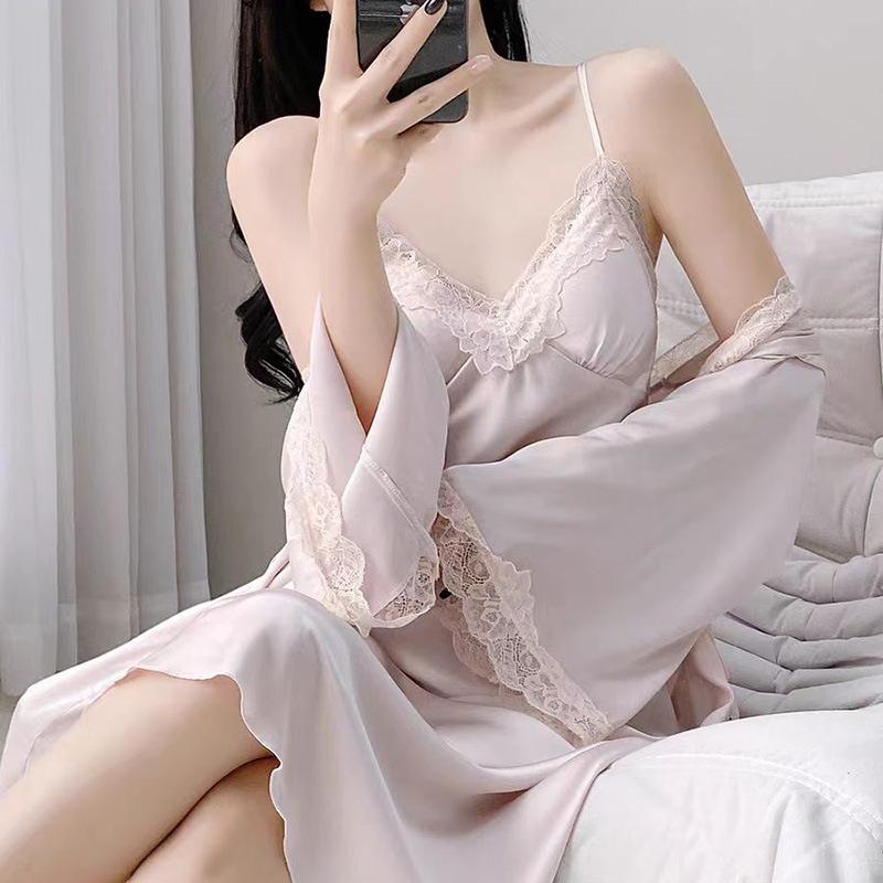 1011 new ice silk suspender nightgown women's casual long-sleeved high-end lace loungewear set