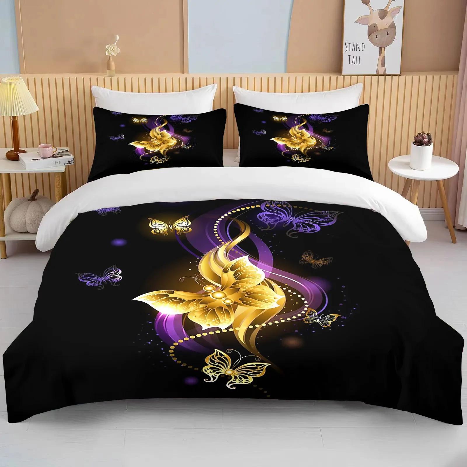 

10 Sizes Gold Butterfly Bedding Set Luxury Black Duvet Cover Bedclothes 3D Printed Comforter Bedding Sets For Adultscute Bed Set EU Twin(135x200cm)