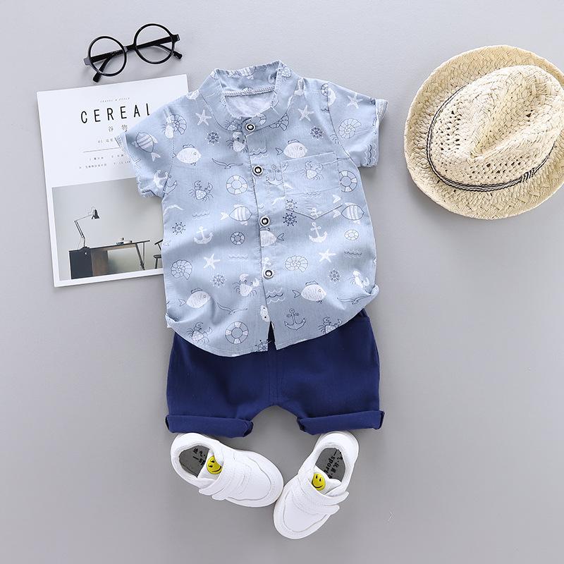 Summer Baby Boys 0-4 Years Short Sleeve Cartoon Fish Printed Shirt Short Pant 2pcs Clothing Set Children Cotton Suit